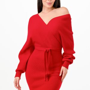 OFF SHOULDER WRAP BELTED RIBBED SWEATHER DRESS