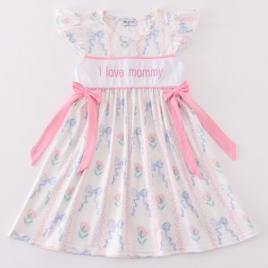 Pink bow I love mommy embroidery girl dress