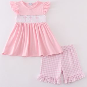 Pink easter cross embroidery smocked girl set