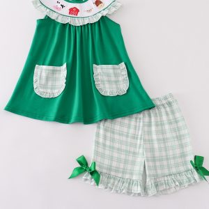 Green farm embroidery smocked girl set