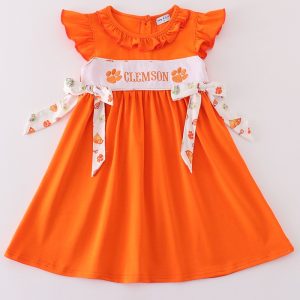 Orange clemson embroidery girl dress