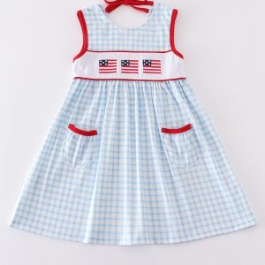 Blue flag embroidery gingham dress